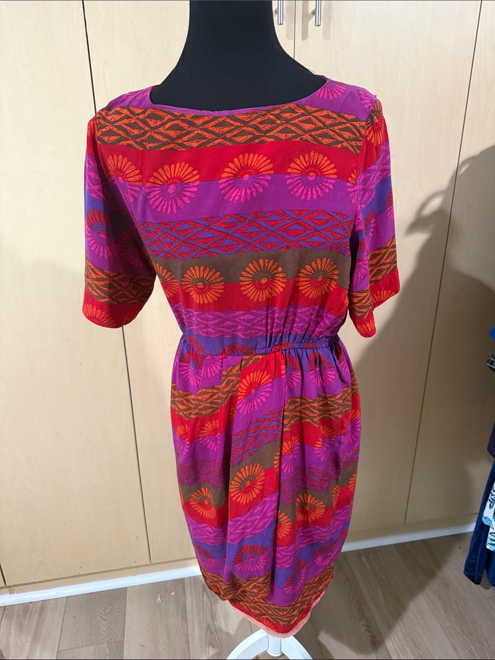 Striped Floral Midi Dress in Purple & Red